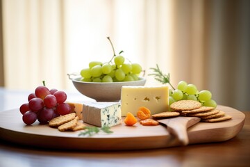 assorted aged cheeses platter with grapes and crackers
