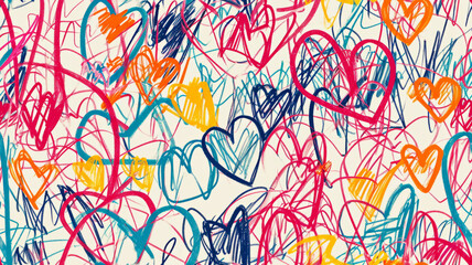 Colorful doodle scribbles with love heart shapes as seamless wallpaper background texture