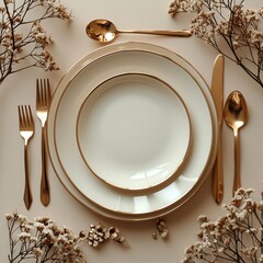 Delight in the boho minimalist aesthetic of an empty porcelain plate, accented by golden cutlery and dried flowers on a serene pastel canvas--a sophisticated dishware mockup.