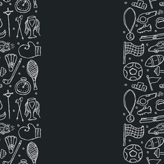 Seamless sport frame. Doodle illustration with sport icons. background with sports equipment