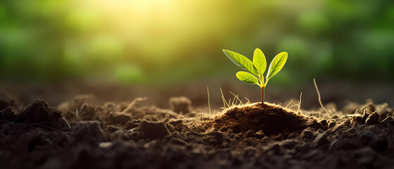 Young plant growing on rich soil. The seed is growing from the rich soil in with warm sunny lighting and bokeh background. World environment day banner. Environmental awareness campaign. 