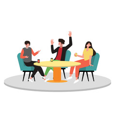 People having meal, lunch at table. Happy friends sitting together in cafe. eating and talking. Man and women with dinner food. Flat vector illustrations.