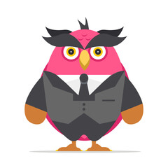 Hipster owl with and bow tie. Beautiful owl with tie and dark blue suit. flat vector illustration isolated on white background. 