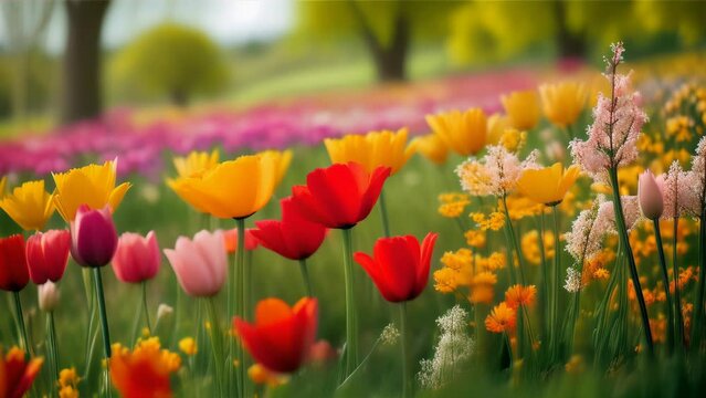 A colorful field of tulips in full bloom, reflecting the vibrancy of spring and the beauty of nature.
