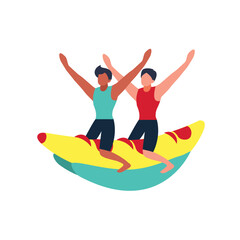 Happy Young boy with his friend riding banana boat in the beach. Summer Party. Flat vector illustration.