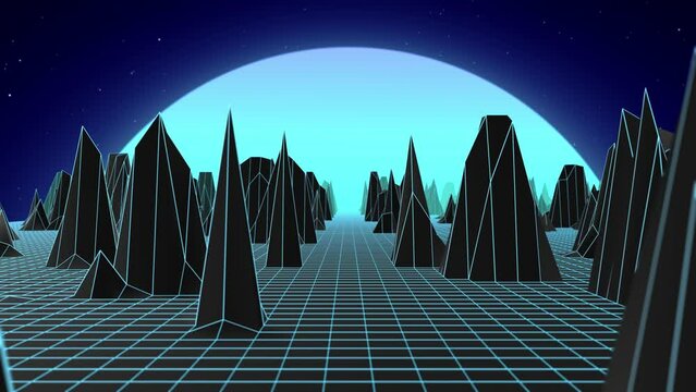 Synthwave landscape background with bright blue grid, rocky mountain shapes and glowing moon on a starry night sky in retro style of the 80s and 90s , seamless loop animation , video 4k , 60 fps
