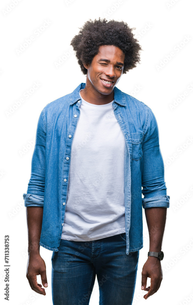 Sticker afro american man over isolated background winking looking at the camera with sexy expression, cheer