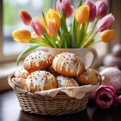 Fototapeta na wymiar Easter baking with icing, candy and multi-colored sprinkles, colored Easter eggs, a vase with tulips on the background of the kitchen. Easter holiday background, postcard.