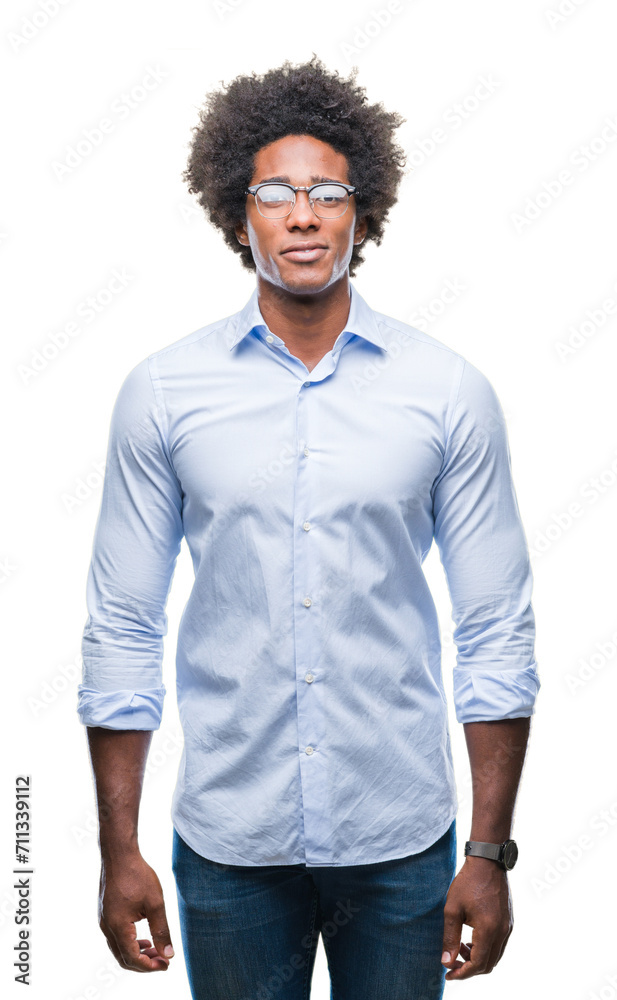 Poster afro american business man wearing glasses over isolated background with a happy and cool smile on f