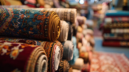 Fototapeta na wymiar A variety of rolled-up carpets in a home decor shop.