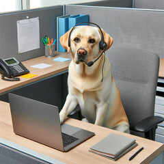 Professional Labrador at Work: Dog with Headset Operating a Laptop in a Cubicle
