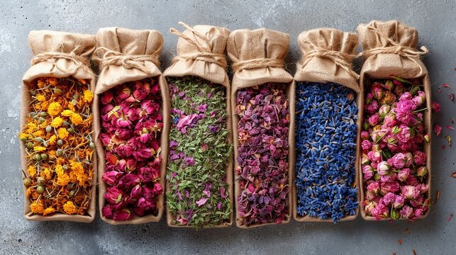 Explore a top-view image of flowers, herbs, and dried blooms packaged in kraft on a white background, providing a high-quality photo with text space.