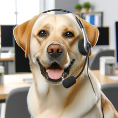 Cheerful Labrador at Call Center: Smiling Dog with Headset in Office Setting