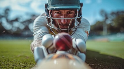 Immerse yourself in the excitement of cricket as a player takes a front view shot, displaying precision in batting.
