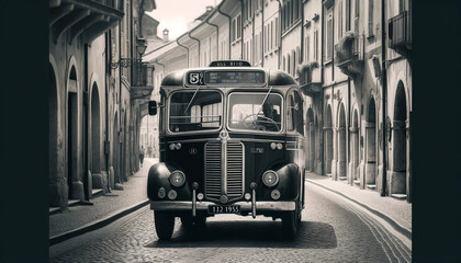 Vintage Journey: Old Bus on Cobblestone Street in European Tow