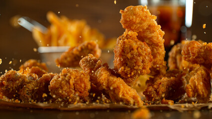 Freeze motion shot of falling tasty fried chicken wings or strips