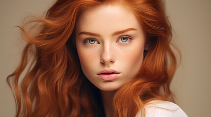Fototapeta premium Portrait of an elegant, sexy happy Caucasian woman with perfect skin and red hair, on a creamy beige background, banner.