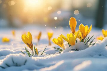 Yellow crocuses peeking through a snowy veil, heralding spring under a glistening sunrise