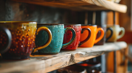 Colourful ceramic mugs lined up neatly on a wooden shelf.