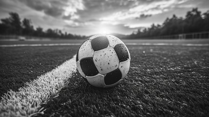 Immerse yourself in the sports vibe with a horizontal poster featuring black and white soccer and football balls in action, suitable for greeting cards, headers, websites, and apps.