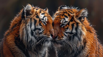 Fototapeta premium Two tigers in the grass Focus on the face of the tiger. Couple