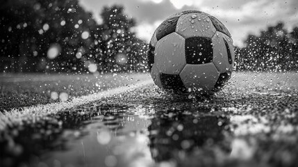 Immerse yourself in the sports vibe with a horizontal poster featuring black and white soccer and football balls in action, suitable for greeting cards, headers, websites, and apps. - obrazy, fototapety, plakaty