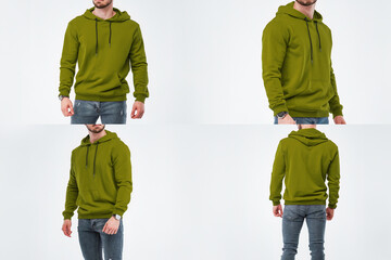 A man wears an olive khaki colored hoodie. Mock-up of streetwear for logo printing. Front side and...