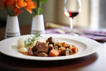beef bourguignon plated on fine china with red wine