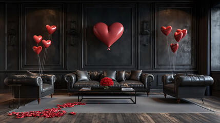 Cozy modern minimalistic interior design of a spacious living-room with red heart-shaped balloons, flower rose petals, dark industrial business-like atmosphere, black wall, brown leather couch