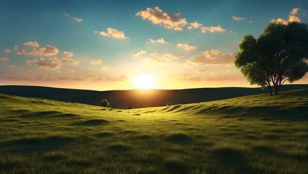 view from laying on the ground of a grassy landscape at dawn, realistic, high contrast, with the sun on the right of image, 4k, ultra detailed. generative AI