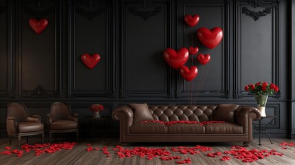 Cozy modern minimalistic interior design of a spacious living-room with red heart-shaped balloons, flower rose petals, dark industrial business-like atmosphere, black wall, brown leather couch