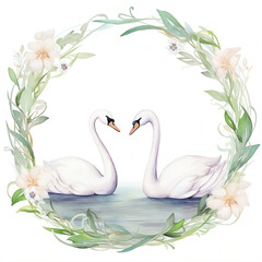 Watercolor flower frame with two white swans on the lake. Valentines day clipart in pastel colors