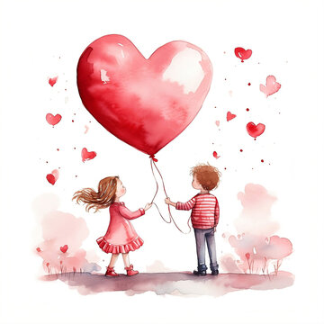 Children with heart shape balloon. Valentine's day watercolor clipart