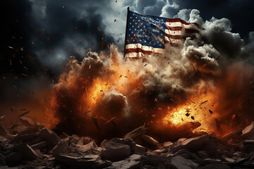 USA flag on a background of fire and smoke. Generated by artificial intelligence