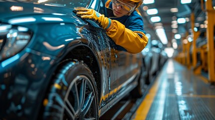 Delve into the craftsmanship of a car service technician applying varnish to a vehicle, showcasing the commitment to quality in an auto body shop setting. - obrazy, fototapety, plakaty