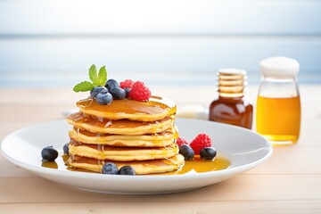 stack of pancakes with butter and maple syrup beside fresh berries - obrazy, fototapety, plakaty