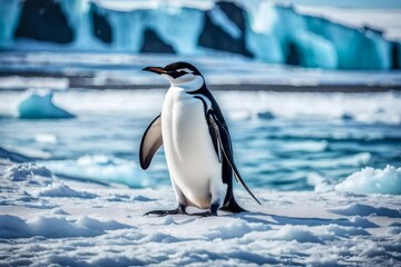 Experience the quiet majesty of Antarctic wildlife with a stunning portrayal of a chinstrap penguin on the pristine icy shores.