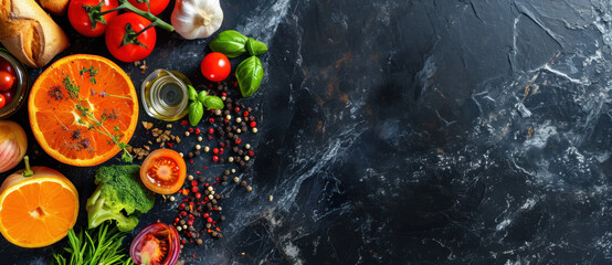 A vibrant mosaic of fresh produce and aromatic spices sprawls on a marbled slate, inviting culinary creation