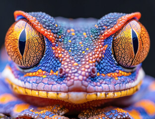 A close-up photo of a colorful lizard's eyes. The lizard's eyes are large and brightly colored, with flecks of gold, green, and red. The lizard's pupils are vertical and elliptical. The lizard's skin
