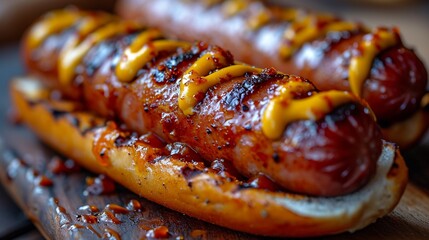 Hot dog with mustard, closeup macro photography