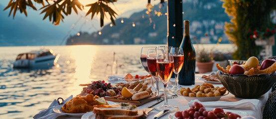 A lakeside feast glows in the sunset, complete with wine and a spread of delectable treats, offering a taste of the dolce vita