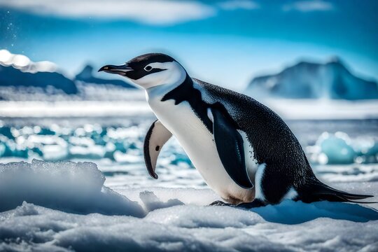 Step into the untouched beauty of Antarctica with a mesmerizing photograph featuring a chinstrap penguin on the tranquil beach.