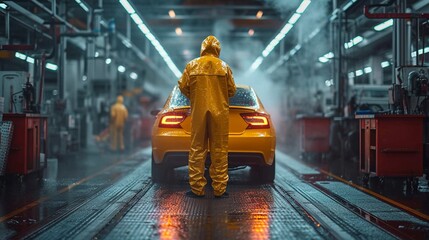 Experience the precision and care involved in automotive paint services with a car being coated in varnish using a compressor within a specialized painting enclosure. - obrazy, fototapety, plakaty