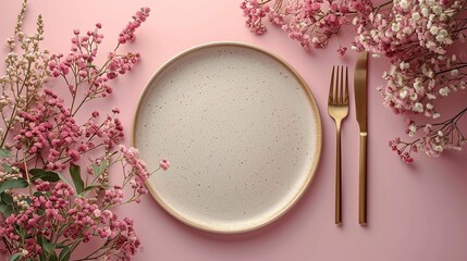 Experience elegance in simplicity with a dishware mockup showcasing a beige porcelain plate, golden cutlery, and dried flowers against a soft pastel background.