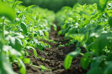 Obraz premium Green sprouts in a farm: A close-up capture of vibrant green sprouts thriving in the fertile soil of an agricultural farm, showcasing the beauty of organic growth.
