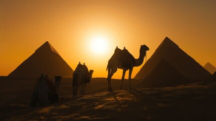 Fototapeta premium Silhouettes of camels against the background of the pyramids.