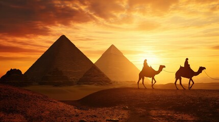 Silhouettes of camels against the background of the pyramids. - obrazy, fototapety, plakaty