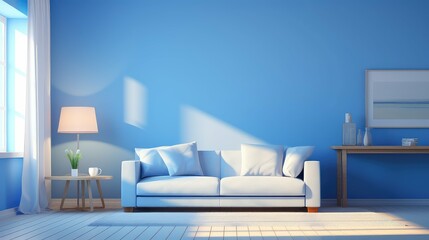 home blue interior background illustration room style, modern vintage, minimalist cozy home blue interior background