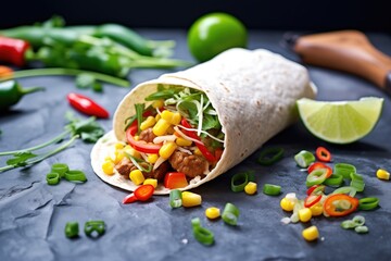 vegan bean burrito with corn and peppers on a slate slab - obrazy, fototapety, plakaty