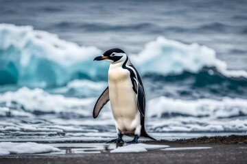 Indulge in the simplicity and beauty of Antarctic wildlife with a stunning portrayal of a chinstrap penguin on the icy beach.